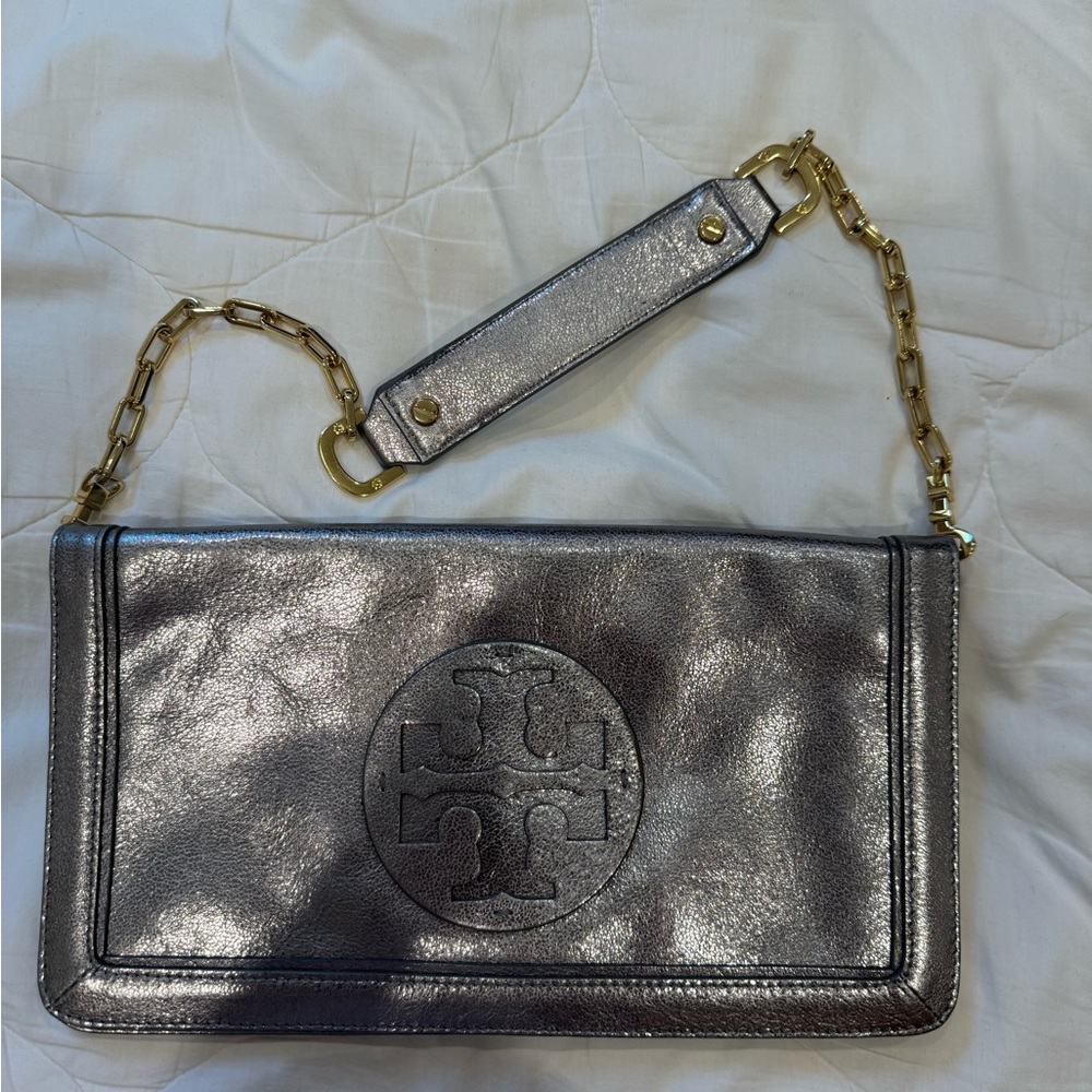 Tory Burch Silver Clutch with Chain Strap